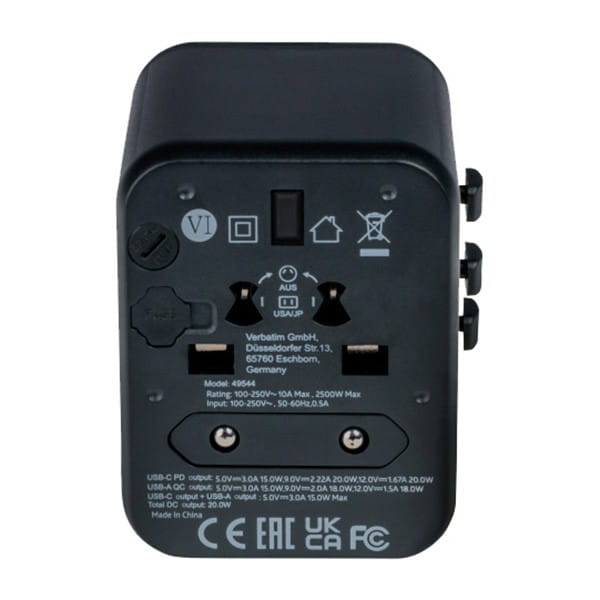 Verbatim, Adapter podróżny World-to-World Verbatim UTA-02 USB-A, USB-C, czarny, 20 W