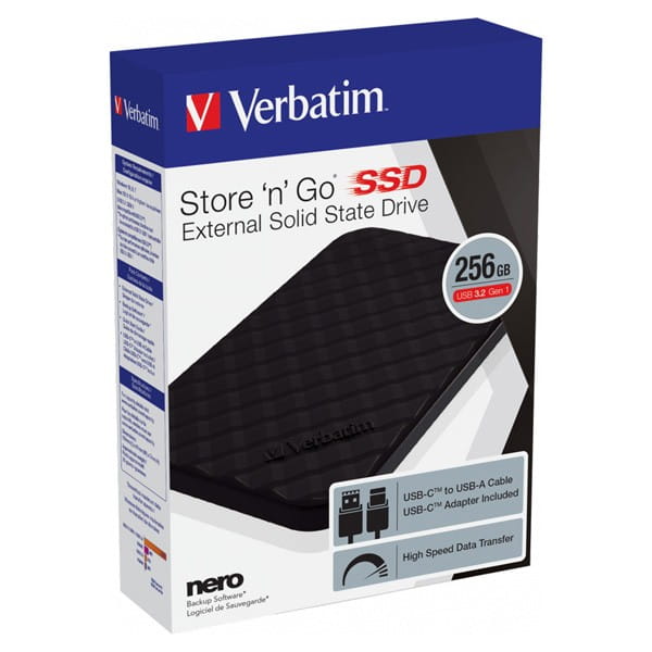 SSD Zewnętrzny Verbatim Store N Go, 53249, 256GB, czarny, USB-A/Micro-B, z adapterem USB-A na USB-C(TM), 2.5", USB-C