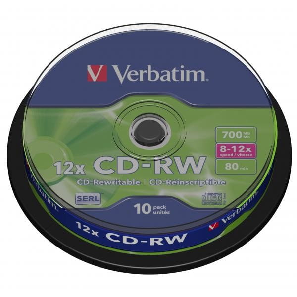 Verbatim CD-RW, 43480, SERL Scratch Resistant, 10-pack, 700MB, 12x, 80min., 12cm, bez możliwości nadruku, cake box, do archiwizacj