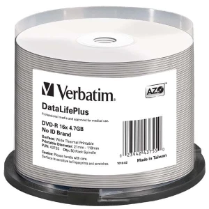 Verbatim DVD-R, DataLifePlus Wide Thermal Printable - No ID Brand, 43755, 4.7GB, 16x, spindle, 50-pack, 12cm, do archiwizacji dany