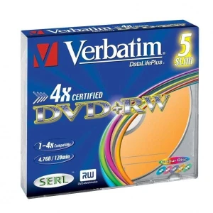 Verbatim DVD+RW, Colour, 43297, 4.7GB, 4x, slim box, 5-pack, bez możliwości nadruku, 12cm, do archiwizacji danych