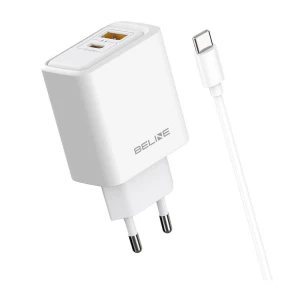 Ładowarka sieciowa Beline 45W 1xUSB-C + 1xUSB GaN PD 3.0 QC 3.0 + kabel USB-C/USB-C - biała