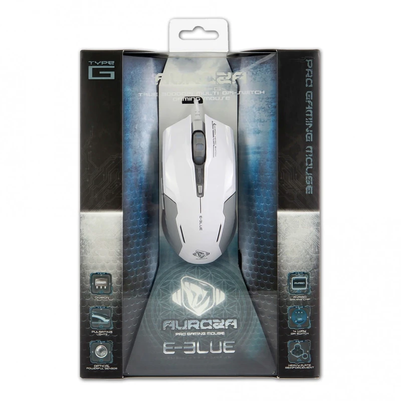 E-Blue Mysz Auroza G, 3000DPI, optyczna, 6kl., 1 scroll, przewodowa USB, biała, do gry