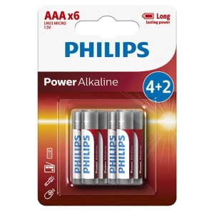 Bateria alkaliczna, AAA (LR3), AAA, 1.5V, PHILIPS, blistr, 6-pack, LR03P6BP/10, Power Alkaline, 4+2