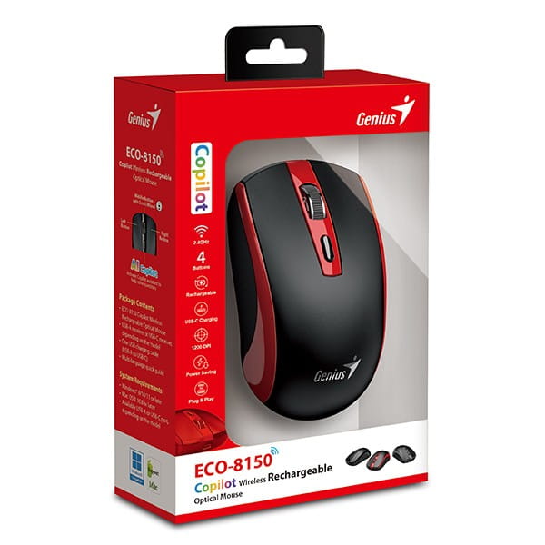 Mysz bezprzewodowa, Genius ECO-8150, czarno-czerwona, optyczna, 1200DPI