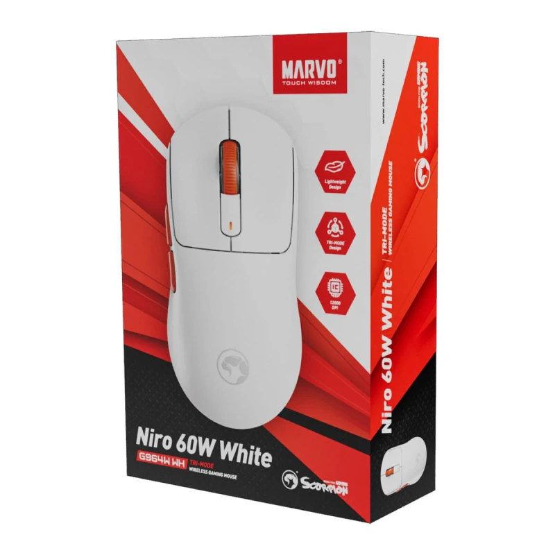 Mysz Marvo NIRO 60, biała, optyczna, 12000DPI, Tri-Mode