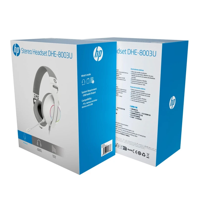 HP DHE-8003U, słuchawki z mikrofonem, przewodowa, biała, 7.1 surround (virtual), podświetlona, USB