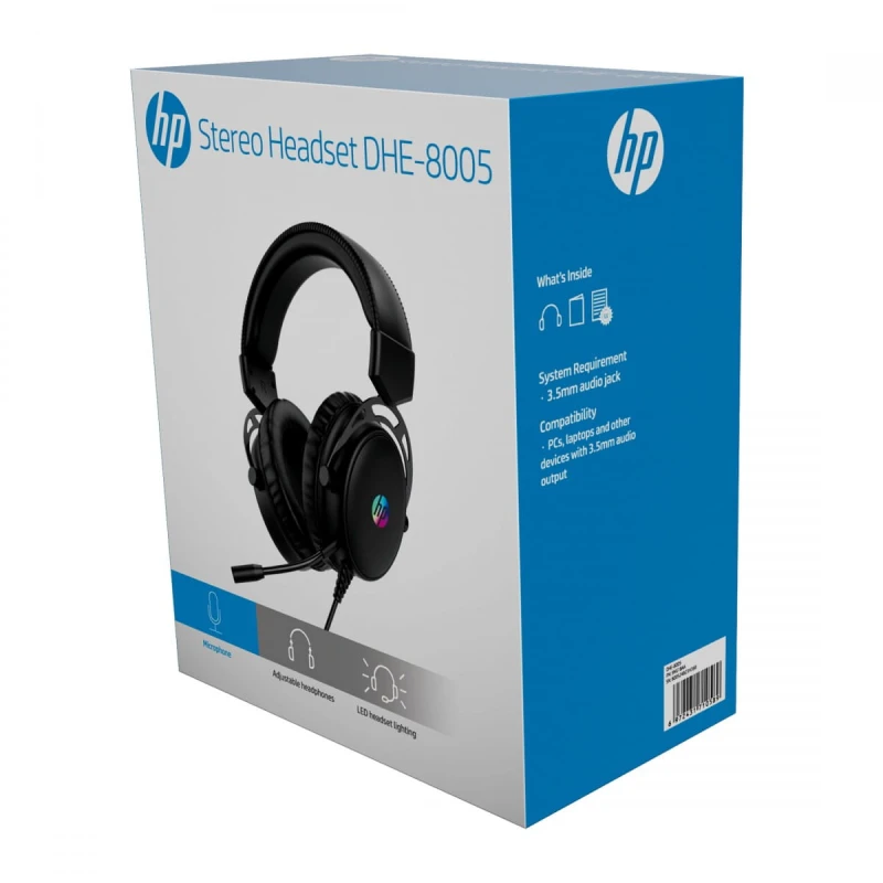 HP DHE-8005N, słuchawki z mikrofonem, przewodowa, czarna, 2.0, podświetlona, 3.5 mm jack + USB