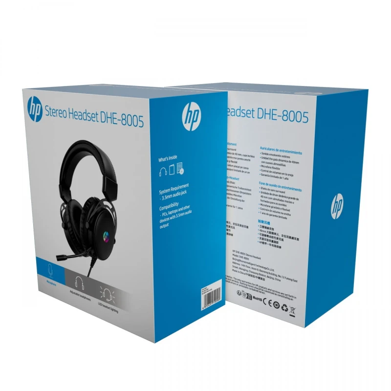 HP DHE-8005N, słuchawki z mikrofonem, przewodowa, czarna, 2.0, podświetlona, 3.5 mm jack + USB