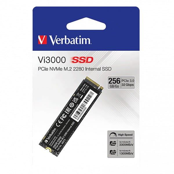 SSD Wewnętrzny Verbatim Vi3000 M.2, 49373, 256GB, czarny, 3300 MB/s-R, NVMe, 1300 MB/s-W