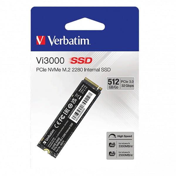 SSD Wewnętrzny Verbatim Vi3000 M.2, 49374, 512GB, czarny, 3300 MB/s-R, NVMe, 2500 MB/s-W