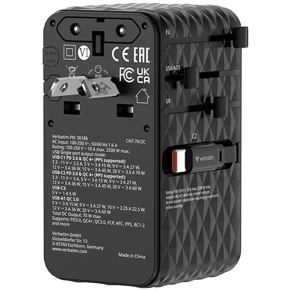 Verbatim, 1x USB-C, 1X USB-A + 2x zintegrowane kable USB-C, czarna, 70 W