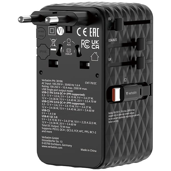 Verbatim, 1x USB-C, 1X USB-A + 2x zintegrowane kable USB-C, czarna, 70 W