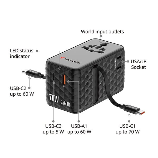 Verbatim, 1x USB-C, 1X USB-A + 2x zintegrowane kable USB-C, czarna, 70 W