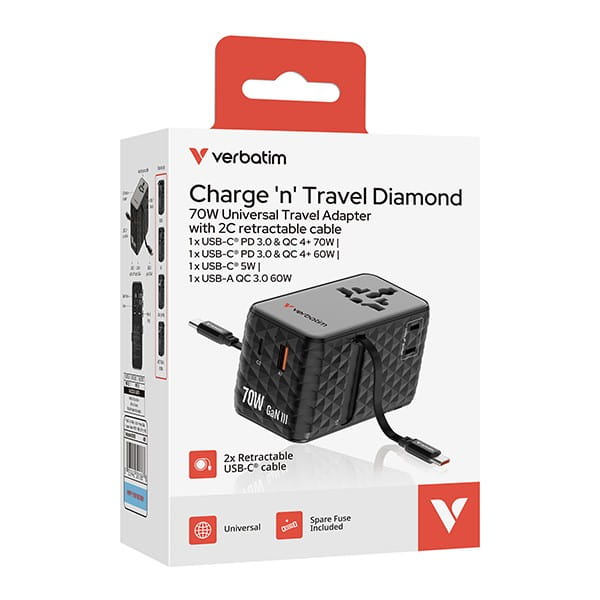 Verbatim, 1x USB-C, 1X USB-A + 2x zintegrowane kable USB-C, czarna, 70 W
