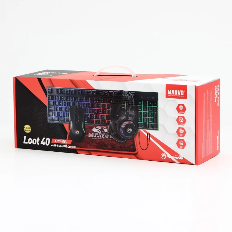 Marvo LOOT 40, zestaw klawiatura mysz dla gracza, podkładka, klawiatura, CZ/SK, do gry, membranowa rodzaj przewodowa (USB), czarna