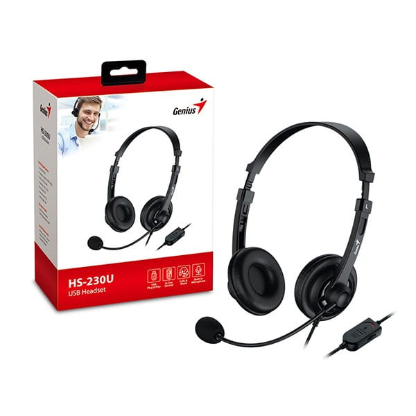 Genius HS-230U, słuchawki z mikrofonem, przewodowa, czarna, USB