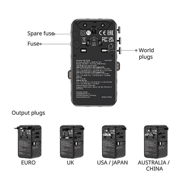 Verbatim, 1x USB-C, 1X USB-A + 2x zintegrowane kable USB-C, niebieska, 70 W