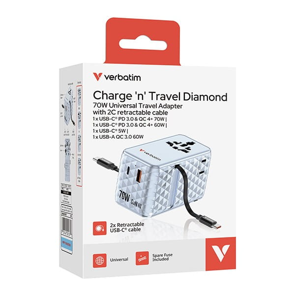 Verbatim, 1x USB-C, 1X USB-A + 2x zintegrowane kable USB-C, niebieska, 70 W