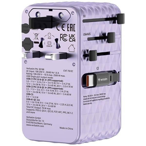 Verbatim, 1x USB-C, 1X USB-A + 2x zintegrowane kable USB-C, fioletowy, 70 W