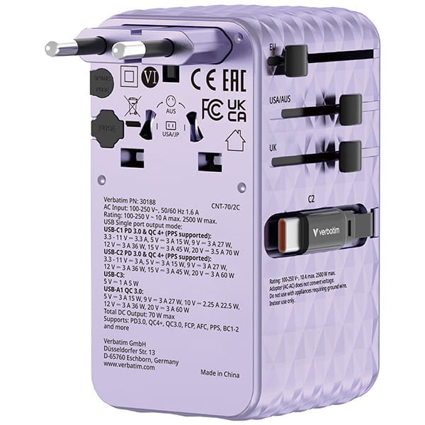 Verbatim, 1x USB-C, 1X USB-A + 2x zintegrowane kable USB-C, fioletowy, 70 W