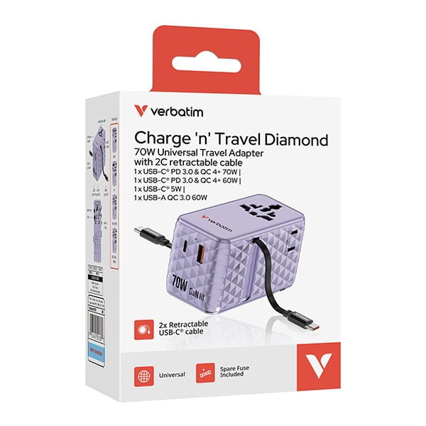 Verbatim, 1x USB-C, 1X USB-A + 2x zintegrowane kable USB-C, fioletowy, 70 W