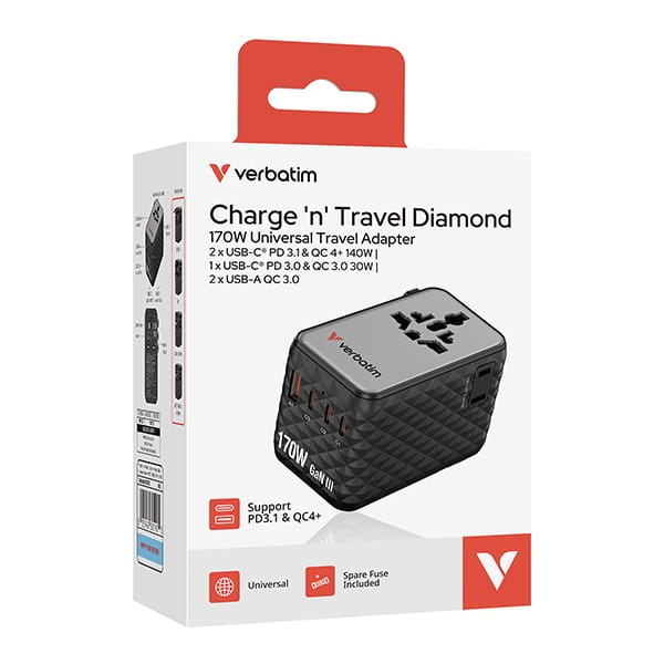 Verbatim, 2x USB-C, 2X USB-A + 1x zintegrowany kabel USB-C, czarna, 170 W