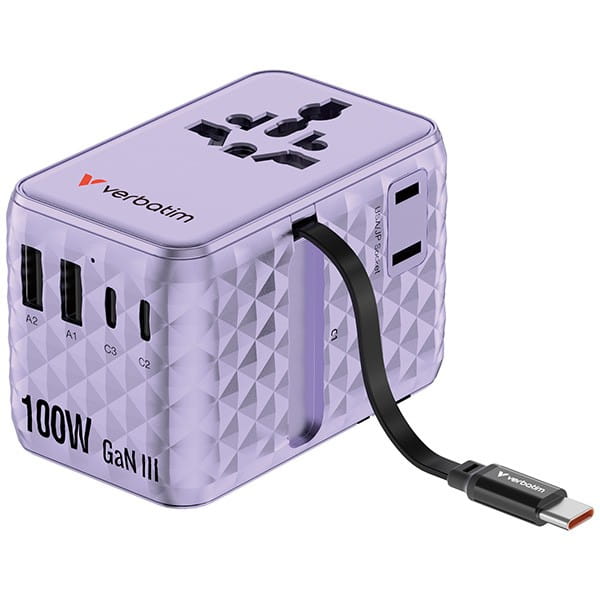 Verbatim, 2x USB-C, 2X USB-A + 1x zintegrowany kabel USB-C, fioletowy, 100 W