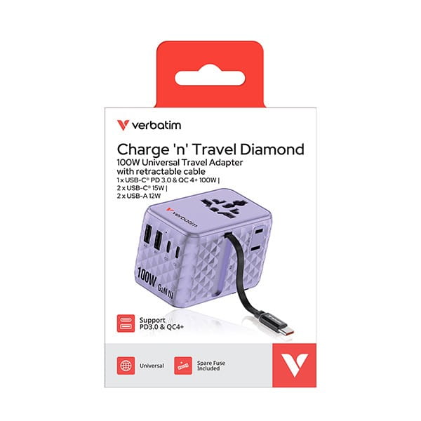 Verbatim, 2x USB-C, 2X USB-A + 1x zintegrowany kabel USB-C, fioletowy, 100 W