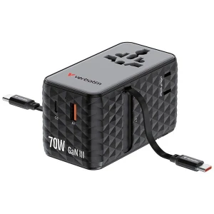 Verbatim, Uniwersalny adapter podróżny Charge ,n, Travel 1x USB-C, 1X USB-A + 2x zintegrowane kable USB-C, czarna, 70 W