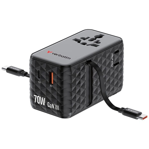 Verbatim, Uniwersalny adapter podróżny Charge ,n, Travel 1x USB-C, 1X USB-A + 2x zintegrowane kable USB-C, czarna, 70 W
