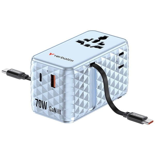 Verbatim, Uniwersalny adapter podróżny Charge ,n, Travel 1x USB-C, 1X USB-A + 2x zintegrowane kable USB-C, niebieska, 70 W