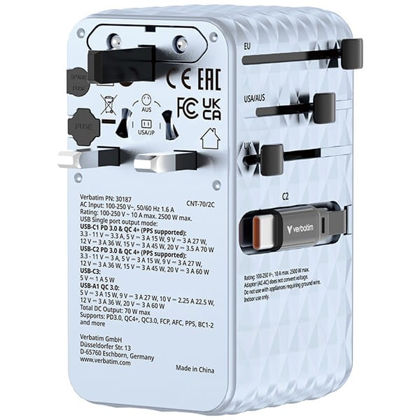 Verbatim, Uniwersalny adapter podróżny Charge ,n, Travel 1x USB-C, 1X USB-A + 2x zintegrowane kable USB-C, niebieska, 70 W