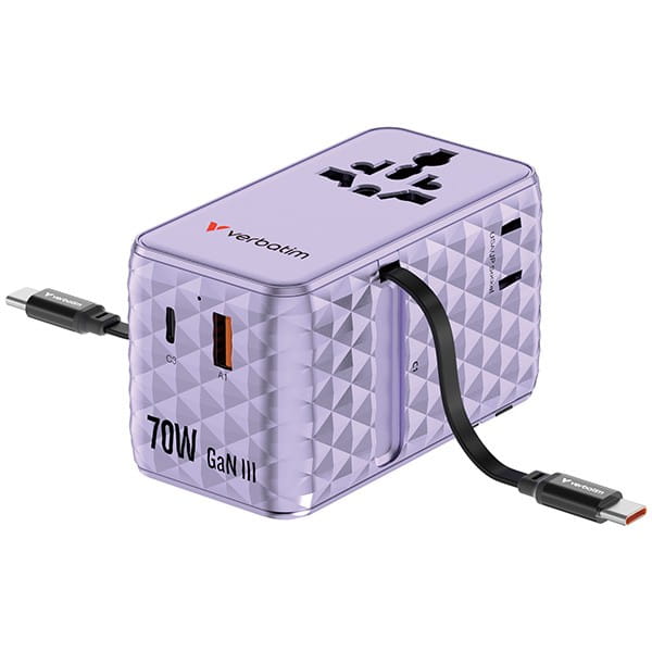 Verbatim, Uniwersalny adapter podróżny Charge ,n, Travel 1x USB-C, 1X USB-A + 2x zintegrowane kable USB-C, fioletowy, 70 W