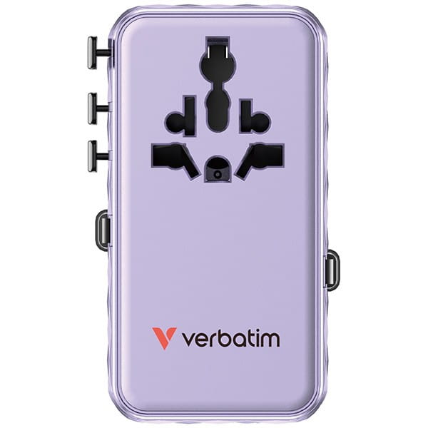 Verbatim, Uniwersalny adapter podróżny Charge ,n, Travel 1x USB-C, 1X USB-A + 2x zintegrowane kable USB-C, fioletowy, 70 W
