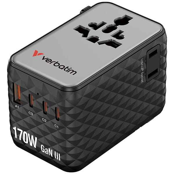 Verbatim, Uniwersalny adapter podróżny Charge ,n, Travel 2x USB-C, 2X USB-A + 1x zintegrowany kabel USB-C, czarna, 170 W