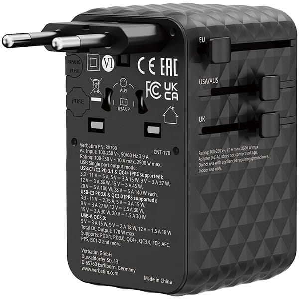 Verbatim, Uniwersalny adapter podróżny Charge ,n, Travel 2x USB-C, 2X USB-A + 1x zintegrowany kabel USB-C, czarna, 170 W