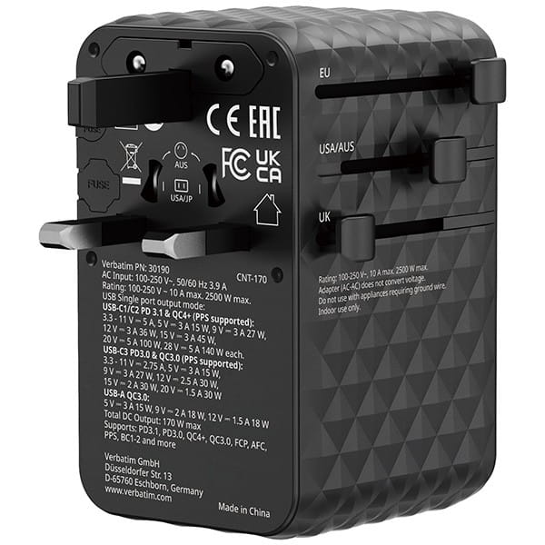 Verbatim, Uniwersalny adapter podróżny Charge ,n, Travel 2x USB-C, 2X USB-A + 1x zintegrowany kabel USB-C, czarna, 170 W