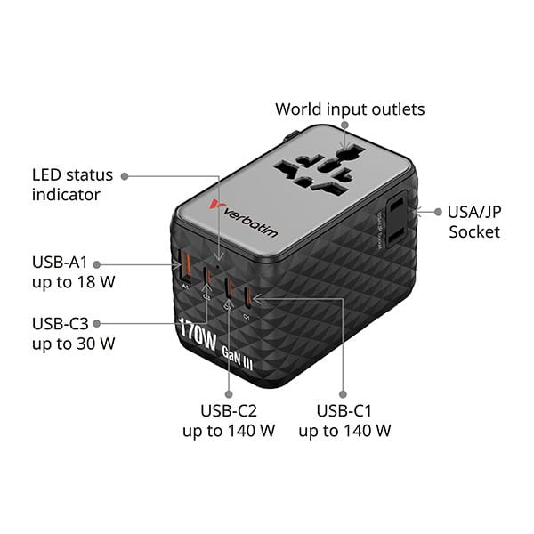 Verbatim, Uniwersalny adapter podróżny Charge ,n, Travel 2x USB-C, 2X USB-A + 1x zintegrowany kabel USB-C, czarna, 170 W