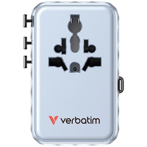 Verbatim, Uniwersalny adapter podróżny Charge ,n, Travel 2x USB-C, 2X USB-A + 1x zintegrowany kabel USB-C, niebieska, 100 W