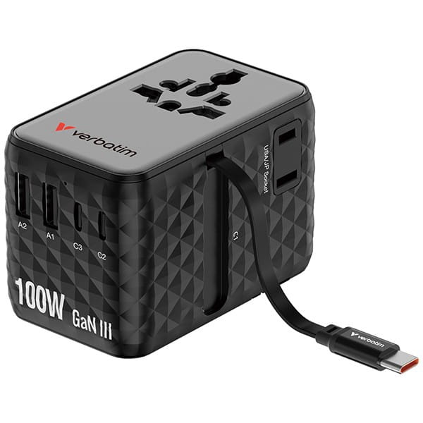 Verbatim, Uniwersalny adapter podróżny Charge ,n, Travel 2x USB-C, 2X USB-A + 1x zintegrowany kabel USB-C, czarna, 100 W