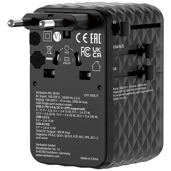 Verbatim, Uniwersalny adapter podróżny Charge ,n, Travel 2x USB-C, 2X USB-A + 1x zintegrowany kabel USB-C, czarna, 100 W