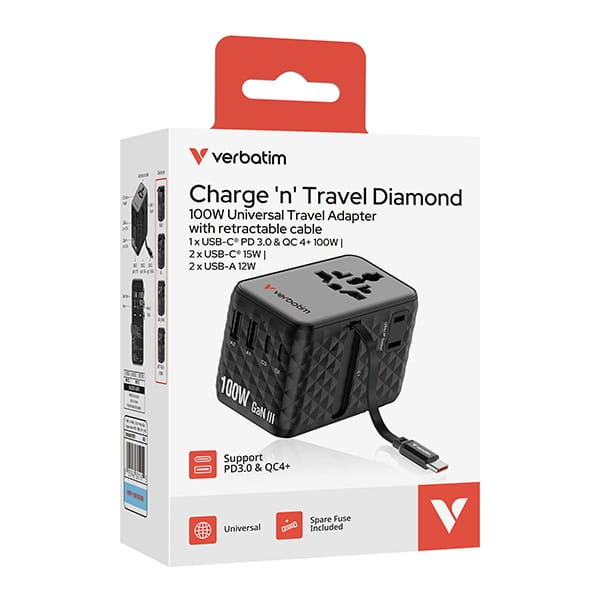 Verbatim, Uniwersalny adapter podróżny Charge ,n, Travel 2x USB-C, 2X USB-A + 1x zintegrowany kabel USB-C, czarna, 100 W