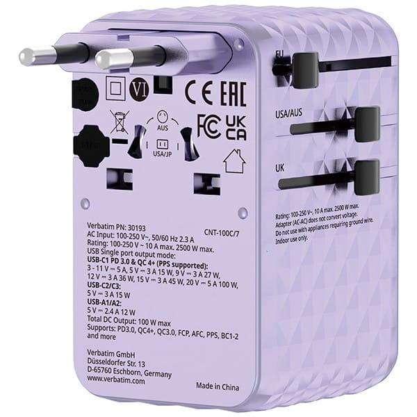 Verbatim, Uniwersalny adapter podróżny Charge ,n, Travel 2x USB-C, 2X USB-A + 1x zintegrowany kabel USB-C, fioletowy, 100 W