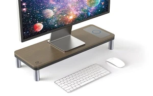 Podstawa pod monitor, stacja dokująca i ładowarka bezprzewodowa, miejsce na klawiaturę, szary + dekor z ciemnego drewna, metal/ tw