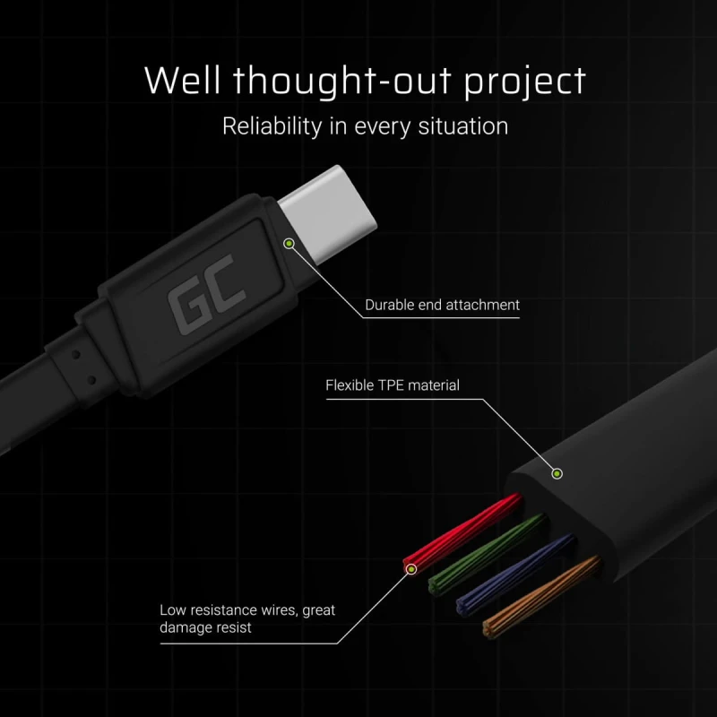 Green Cell kabel GCmatte USB-C Flat kabel 25 cm z szybkim ładowaniem