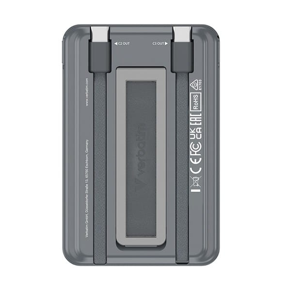 Verbatim, Powerbank Charge ,n, Go z dwoma kablami, 5V, ładowanie telefonu, 32251, 5 000mAh, Mocowanie magnetyczne, szara