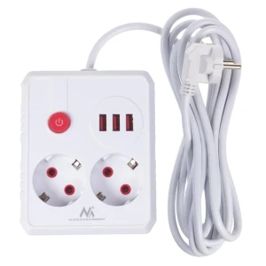 Listwa zasilająca Maclean MCE388 W, przedłużacz 2 gniazda + 3xUSB, 110-240V AC 50/60Hz, 2.1A max 2500W, 3 m, biała