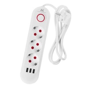 Listwa zasilająca Maclean MCE394 W, przedłużacz 3gniazda + 3xUSB, 110-240V AC 50/60Hz, 2.1A max 2500W, 1,5m, biała