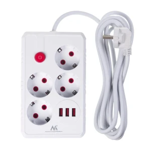 Listwa zasilająca Maclean MCE393 W, przedłużacz 4 gniazda + 3xUSB, 110-240V AC 50/60Hz, 2.1A max 2500W, 3m, biała